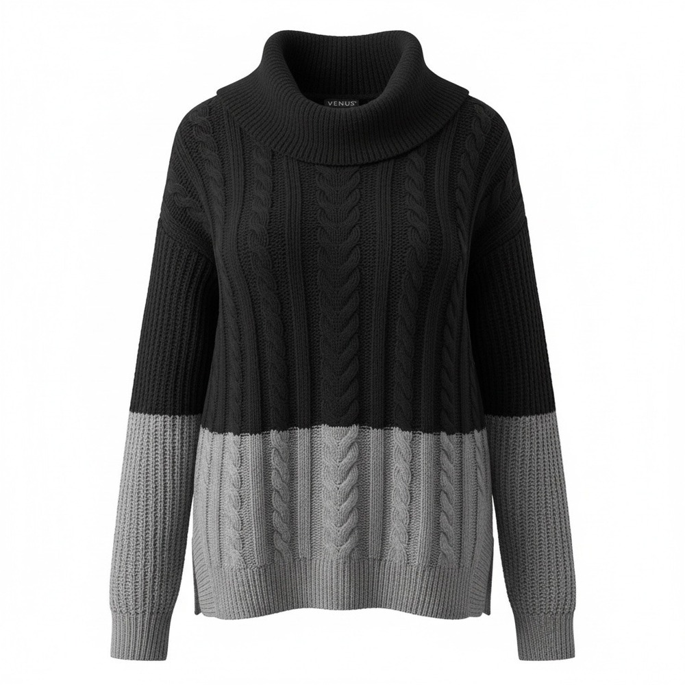 Venus Oversize Colorblock Turtleneck Sweater Black/Gray Women's Large Wool Blend